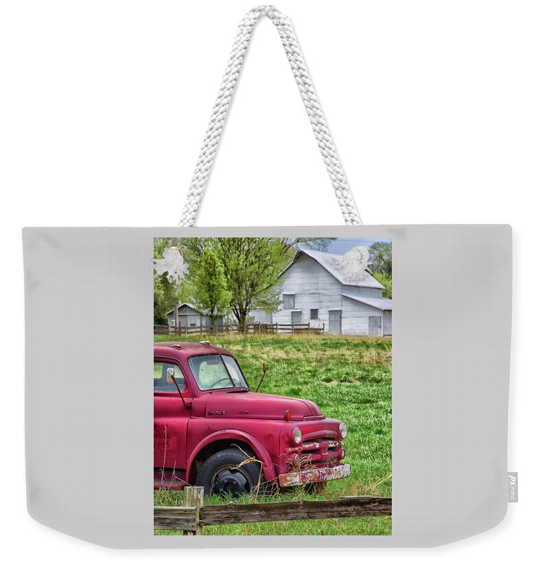 Truck Weekender Tote Bag featuring the photograph Red Truck White Barn by Jolynn Reed