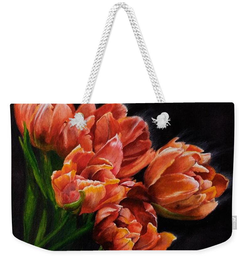 Still Life Weekender Tote Bag featuring the painting Red Tulips by Jeanette Ferguson