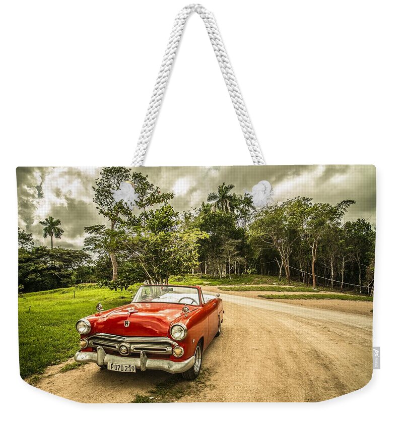 Photo Weekender Tote Bag featuring the photograph Red vintage car by Top Wallpapers
