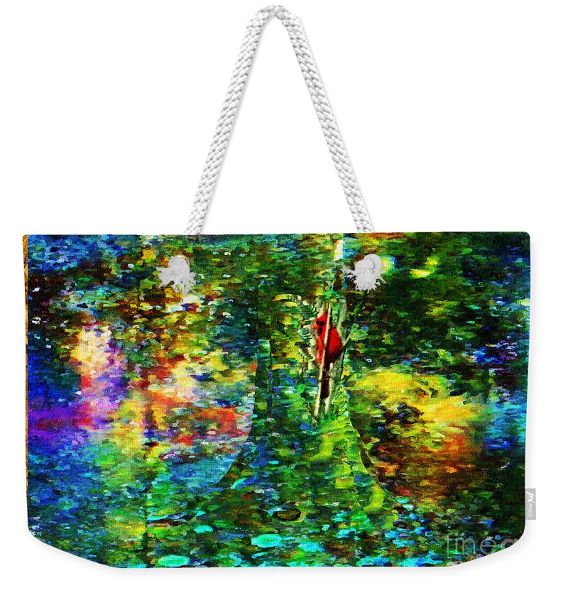 Communication Weekender Tote Bag featuring the mixed media Redbird Singing Songs of Love in the Tree of Hope by Aberjhani