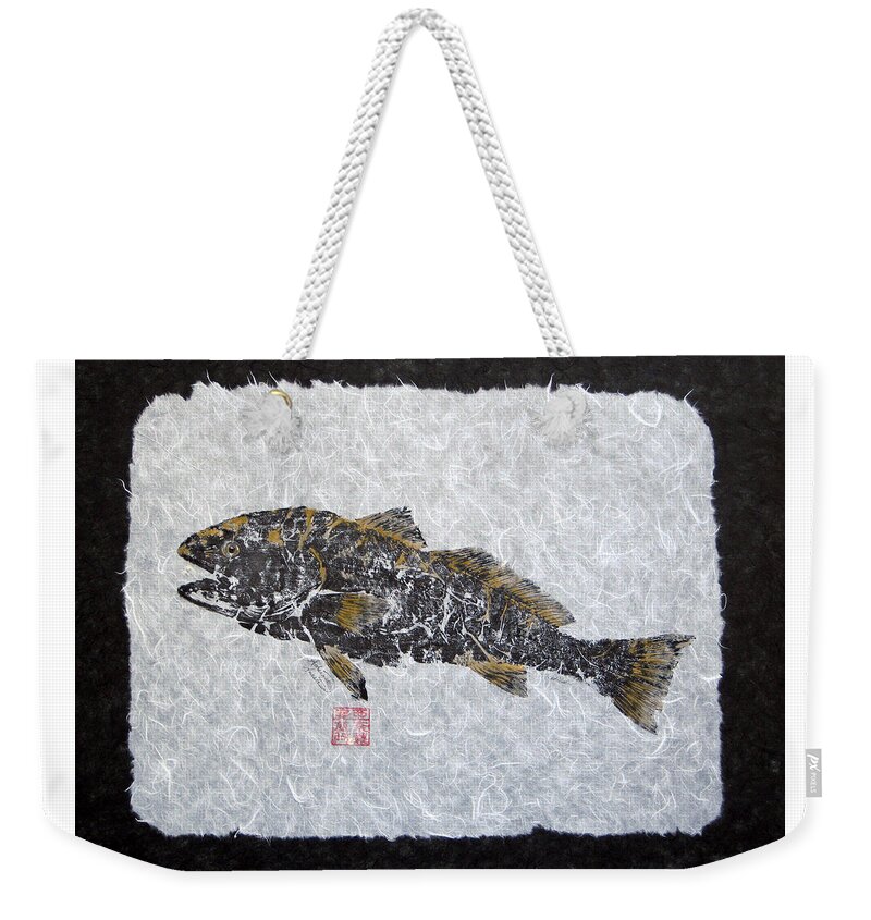Redfish Weekender Tote Bag featuring the painting Redfish - golden with border by Adrienne Dye