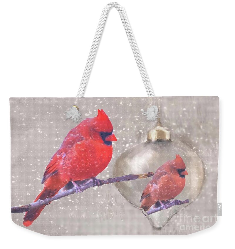 Cardinal Bird Male Avian Beak Feathers Red Christmas Ornament Snow Christmas Nature Reflection Red Silver Weekender Tote Bag featuring the digital art Reflection of a Cardinal by Janette Boyd