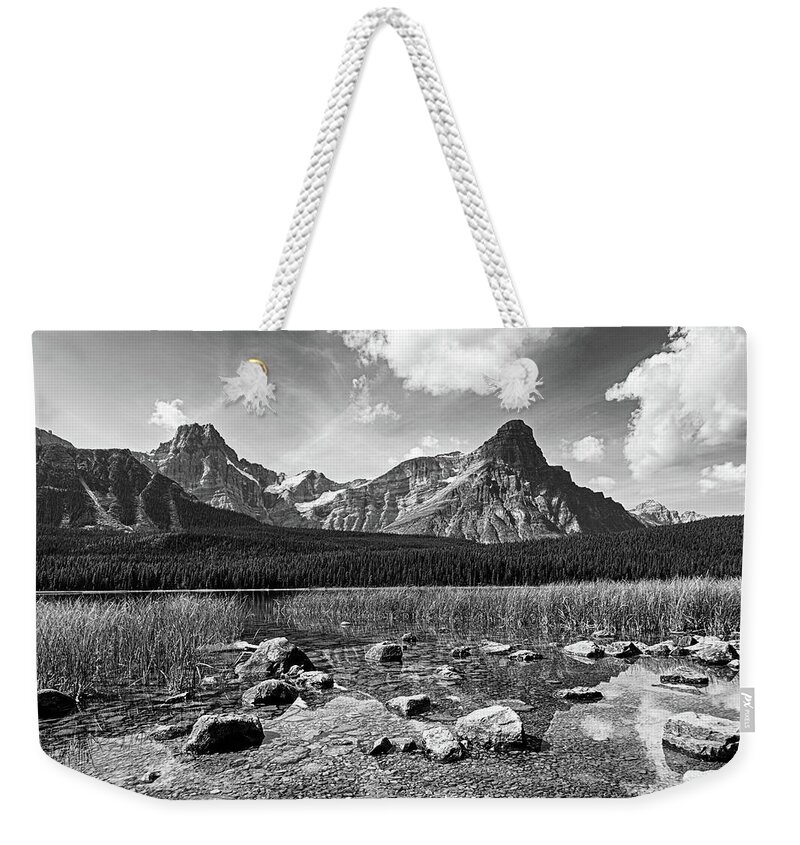 Banff Weekender Tote Bag featuring the photograph Reflection on Waterfowl Lake Banff National Park Alberta Canada Rocky Black and White by Toby McGuire