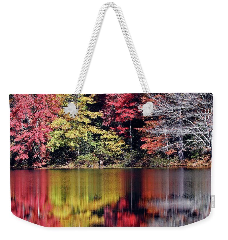 North Carolina Weekender Tote Bag featuring the photograph Reflections On Fairfield Lake by Jennifer Robin