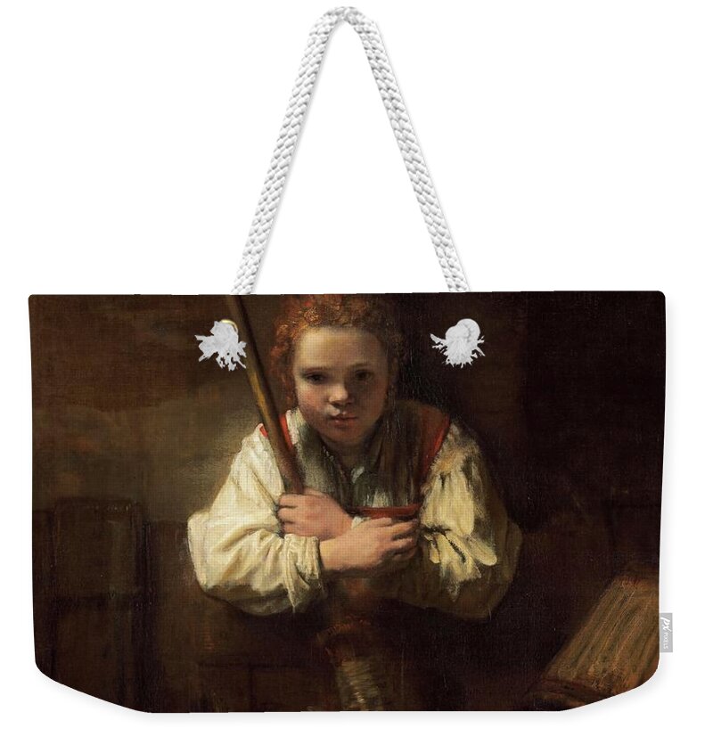 Oil On Canvas Weekender Tote Bag featuring the painting Rembrandt Workshop -Possibly Carel Fabritius- A Girl with a Broom. by Rembrandt Workshop -Possibly Carel Fabritius-