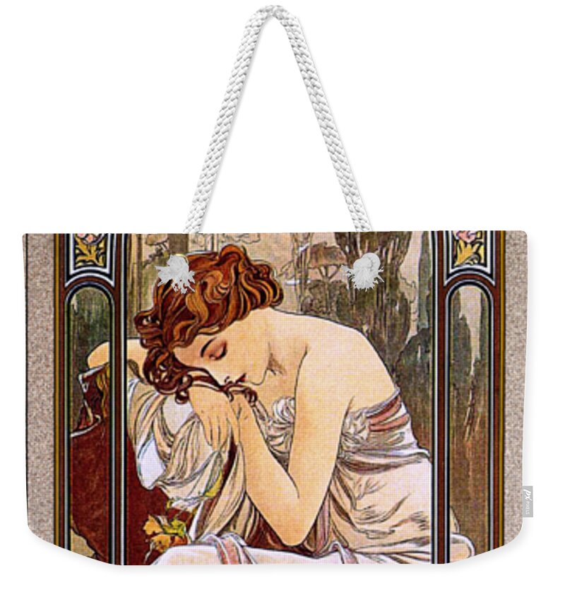 Rest Of The Night Weekender Tote Bag featuring the painting Rest Of The Night by Alphonse Mucha by Rolando Burbon