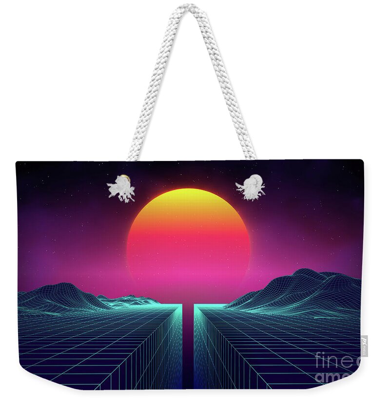 1980-1989 Weekender Tote Bag featuring the digital art Retro Background Futuristic Landscape by Damiengeso