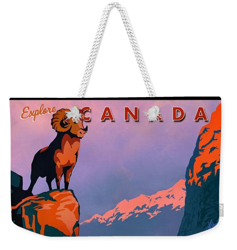 Retro Travel Poster Weekender Tote Bag featuring the photograph Retro Explore Canada train travel poster by Sassan Filsoof