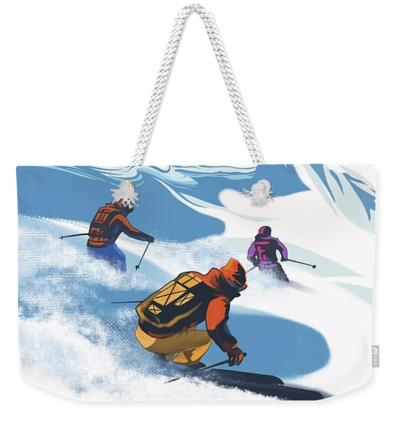 Skiing Weekender Tote Bag featuring the painting Retro Revelstoke Heliski Travel Poster by Sassan Filsoof