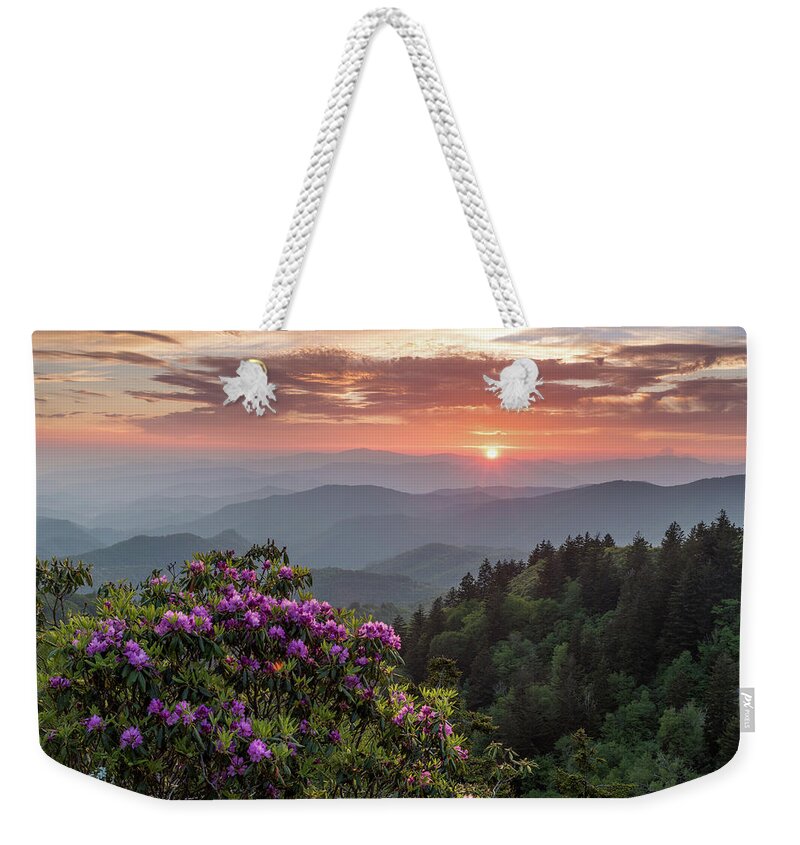 Blue Ridge Mountains Weekender Tote Bag featuring the photograph Rhododendron Over the Blue Ridge by Eric Albright