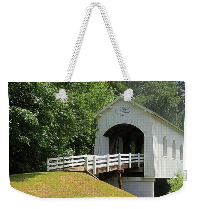 Covered Bridge Weekender Tote Bag featuring the photograph Ritner Creek Bridge by Linda Vanoudenhaegen