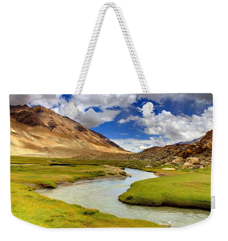 Scenics Weekender Tote Bag featuring the photograph River At Ladakh by Photograph By Arunsundar