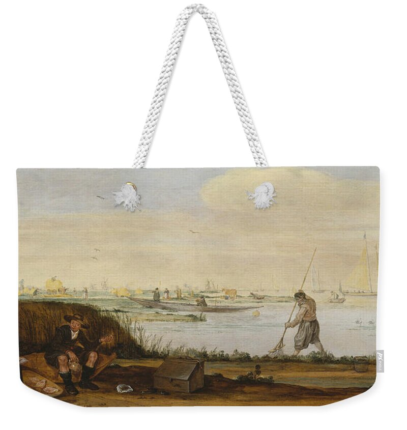 17th Century Art Weekender Tote Bag featuring the painting River Landscape with Boats and Fishermen by Arent Arentsz