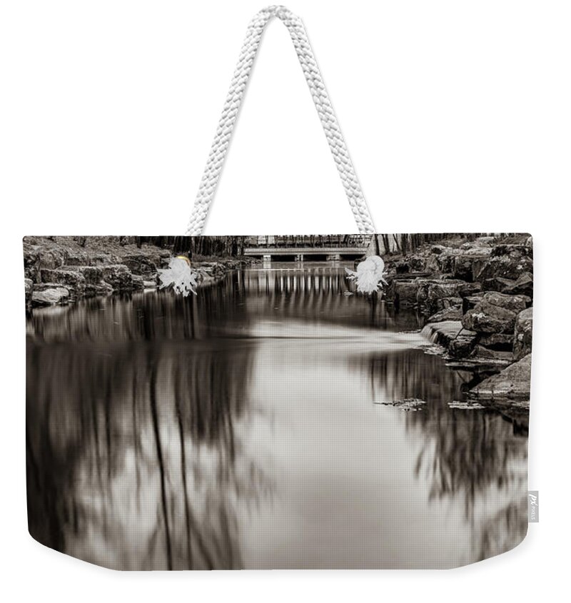 America Weekender Tote Bag featuring the photograph River to Crystal Bridges Museum of American Art - Bentonville Arkansas Sepia by Gregory Ballos