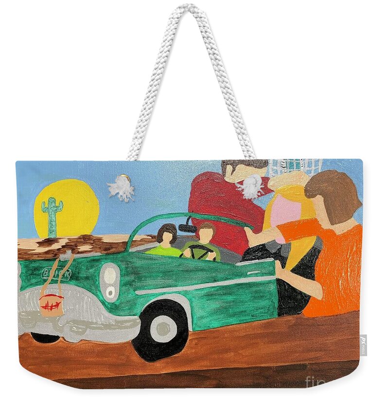 Sister Brother Siblings Travel Car Abuse Weekender Tote Bag featuring the painting Roadtrip1958 by Erika Jean Chamberlin