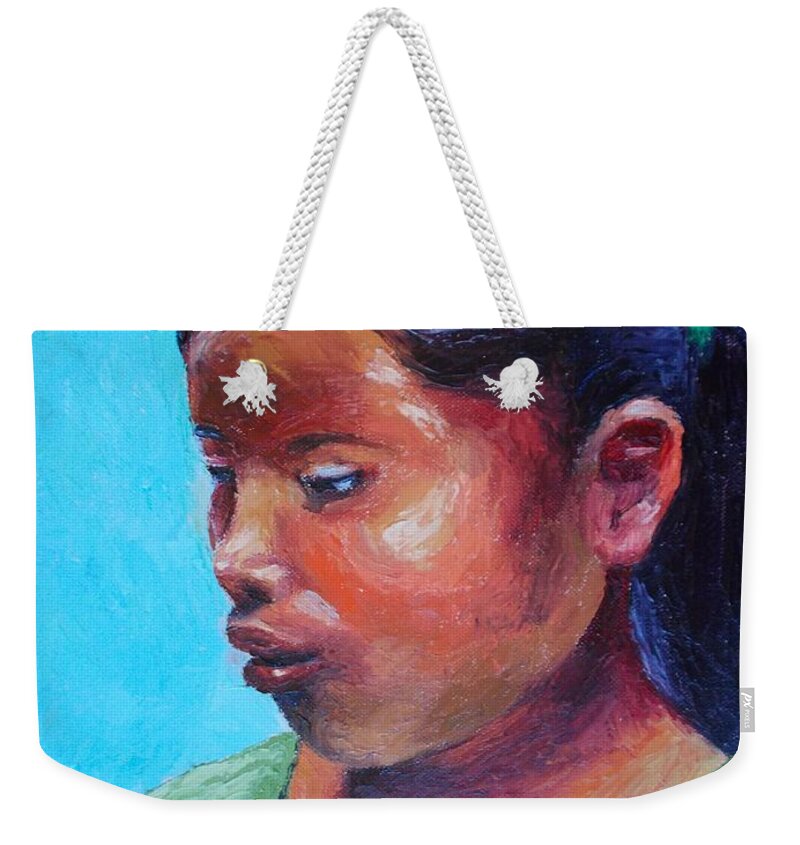 Girl Weekender Tote Bag featuring the painting Rocio de Verde by Lilibeth Andre