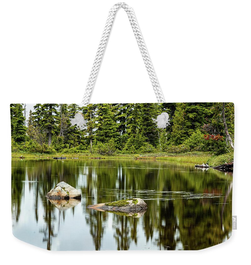Landscapes Weekender Tote Bag featuring the photograph Rocks In A Mountain Pond by Claude Dalley