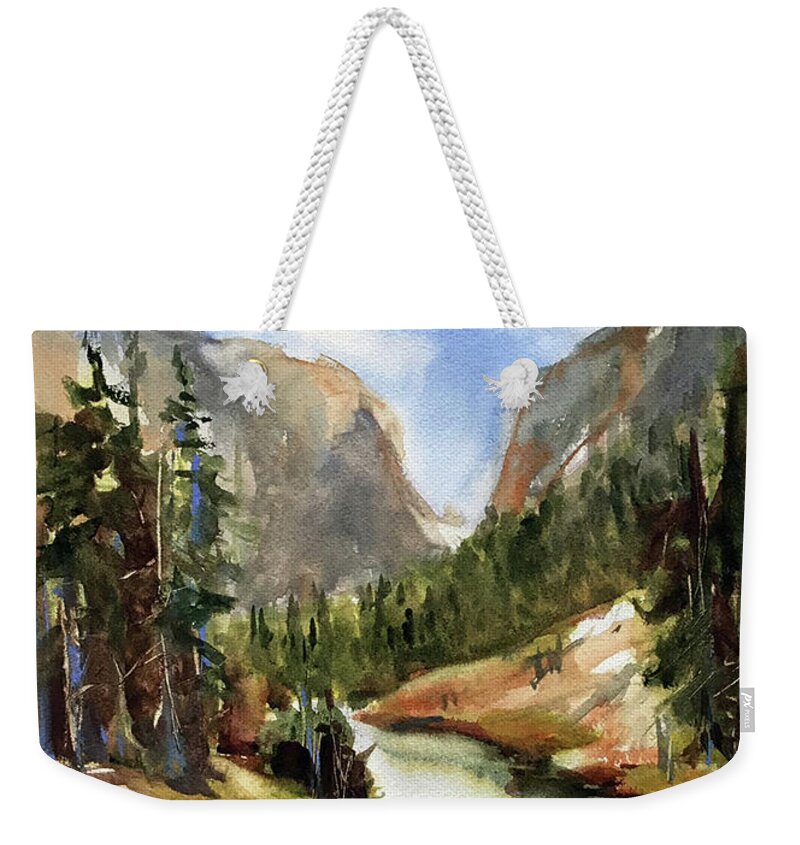 Colorado Weekender Tote Bag featuring the painting Rocky Mountain High by Judith Levins