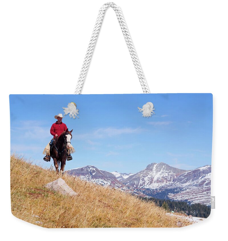 Horse Weekender Tote Bag featuring the photograph Rocky Mountain Horseback Riding by Amygdala imagery