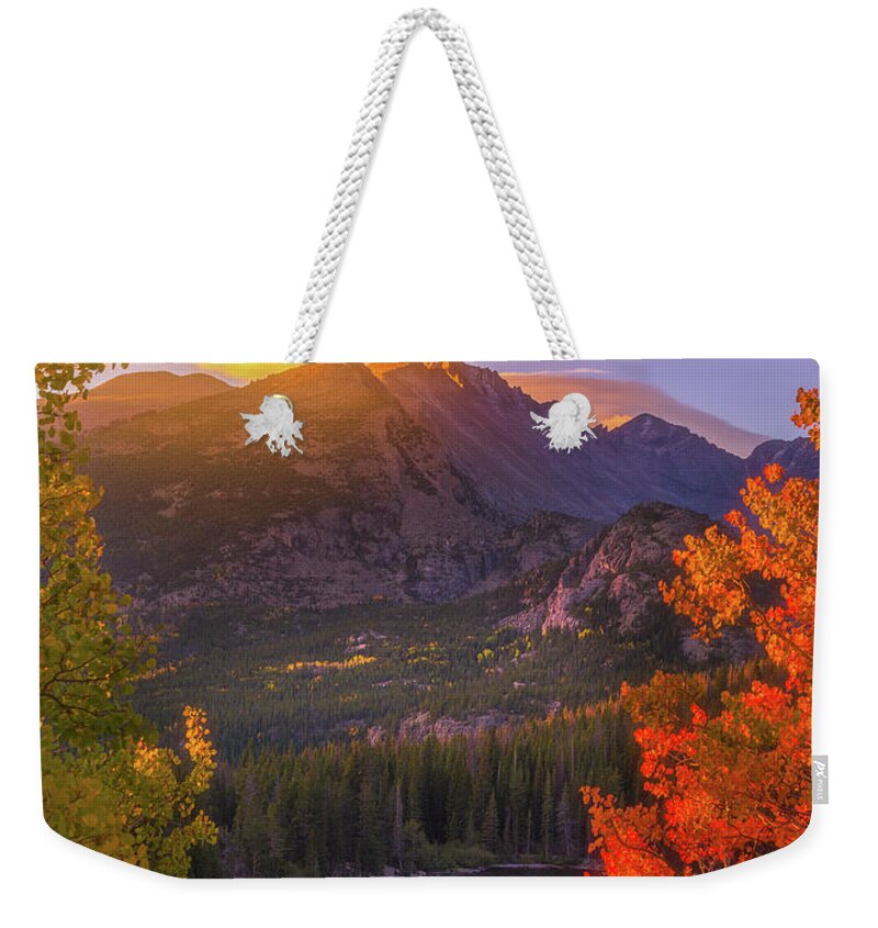 Rocky Mountains Weekender Tote Bag featuring the photograph Rocky Mountain Sunrise by Darren White