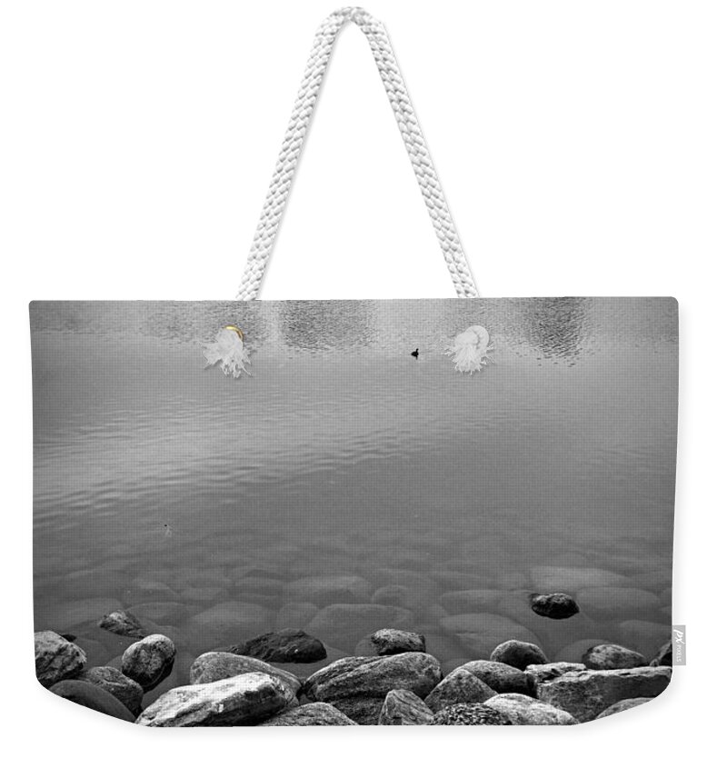 Black And White Photograph Weekender Tote Bag featuring the digital art Rocky Shoreline by Donald S Hall