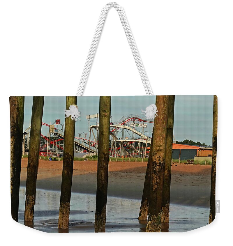 Old Weekender Tote Bag featuring the photograph Roller Coaster Through the Pylons Old Orchard Beach Maine by Toby McGuire