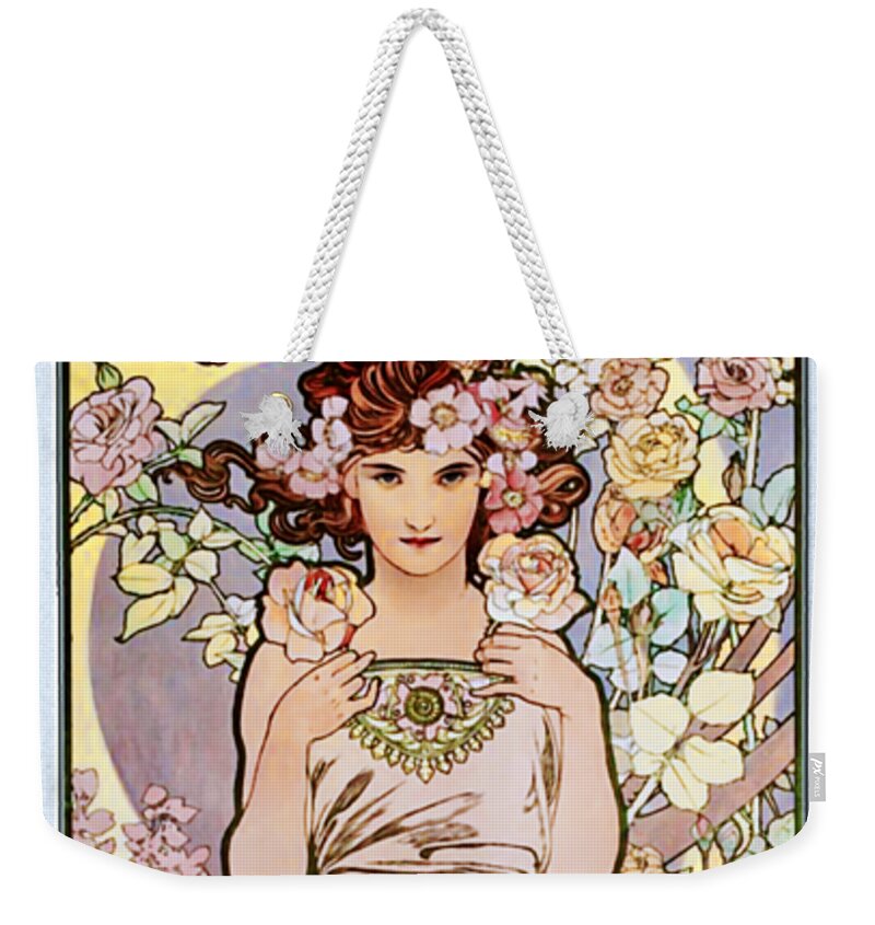 Rose Weekender Tote Bag featuring the painting Rose by Alphonse Mucha by Rolando Burbon