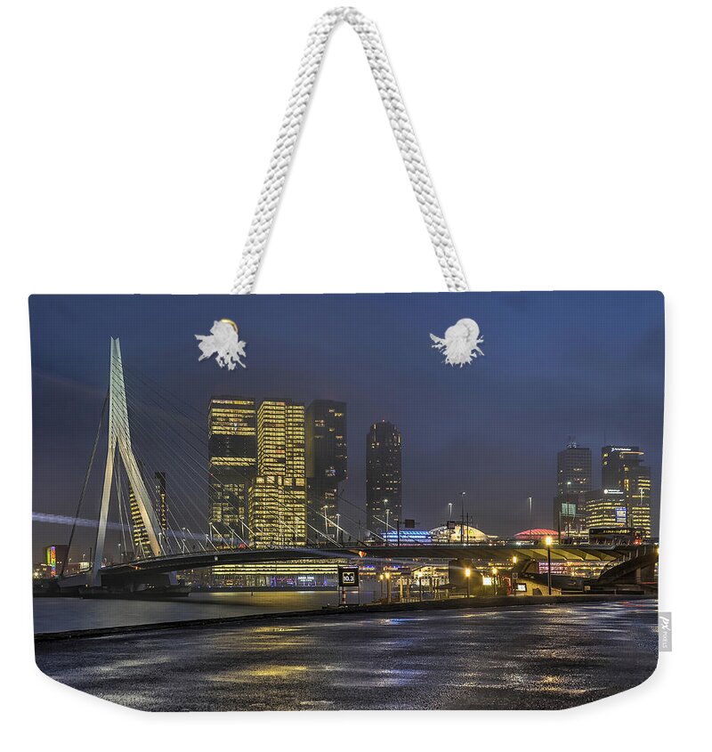 Architecture Weekender Tote Bag featuring the photograph Rotterdam southbank in the blue hour by Frans Blok