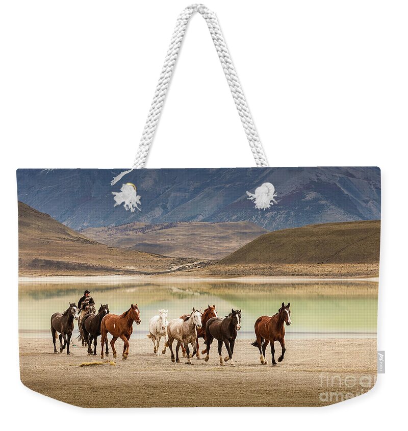 Chile Weekender Tote Bag featuring the photograph Rounding up the horses by Patti Schulze