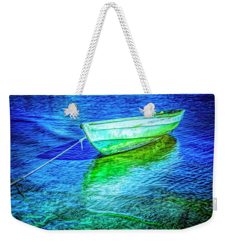 Boats Weekender Tote Bag featuring the photograph Rowboat in Vivid Blues by Debra and Dave Vanderlaan