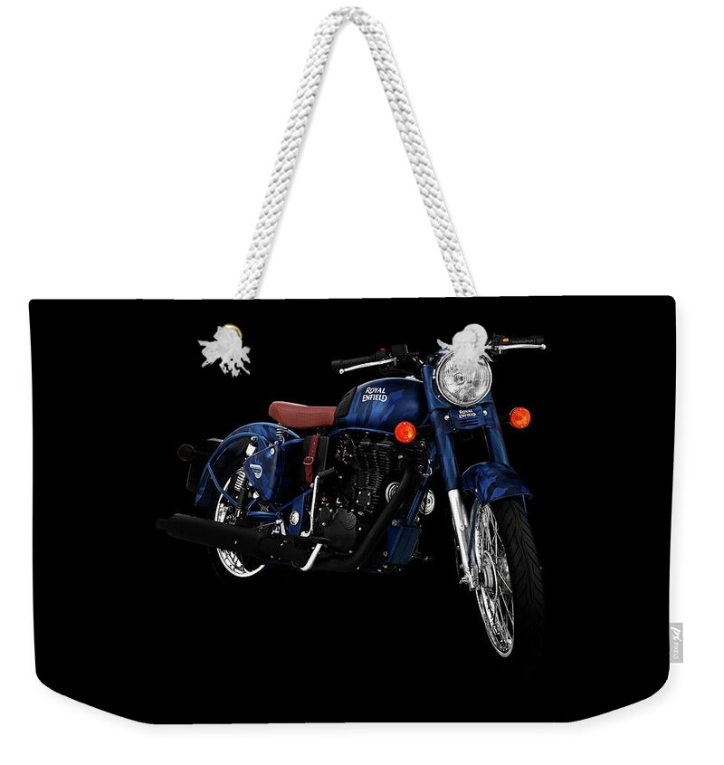 Royal Enfield Weekender Tote Bag featuring the mixed media Royal Enfield Classic 500 Squadron Blue by Smart Aviation