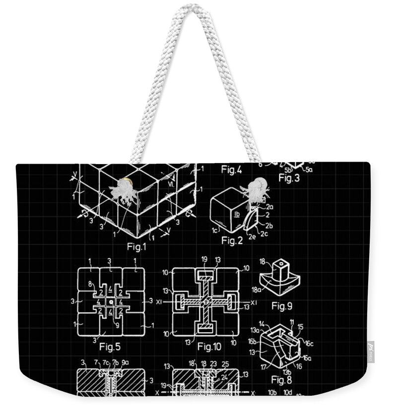 Rubik's Cube Weekender Tote Bag featuring the digital art Rubik's Cube Patent 1983 - Black and White by Marianna Mills