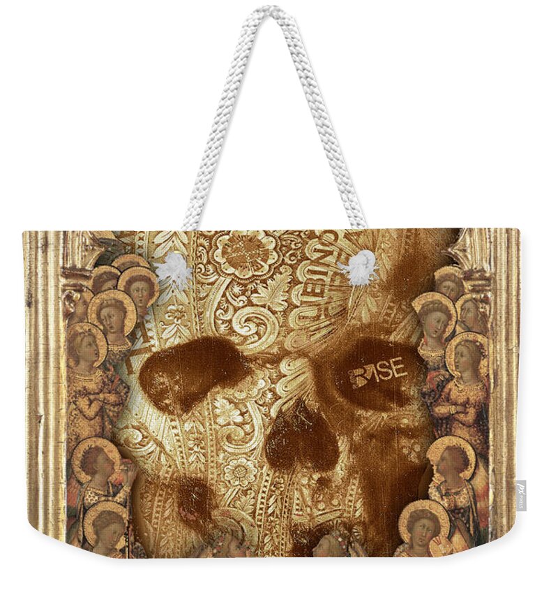 Sign Weekender Tote Bag featuring the painting Rubino One World No Fear Gold Skull by Tony Rubino