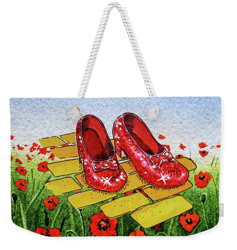 Ruby Slippers Weekender Tote Bag featuring the painting Ruby Slippers Yellow Brick Road Wizard Of Oz by Irina Sztukowski