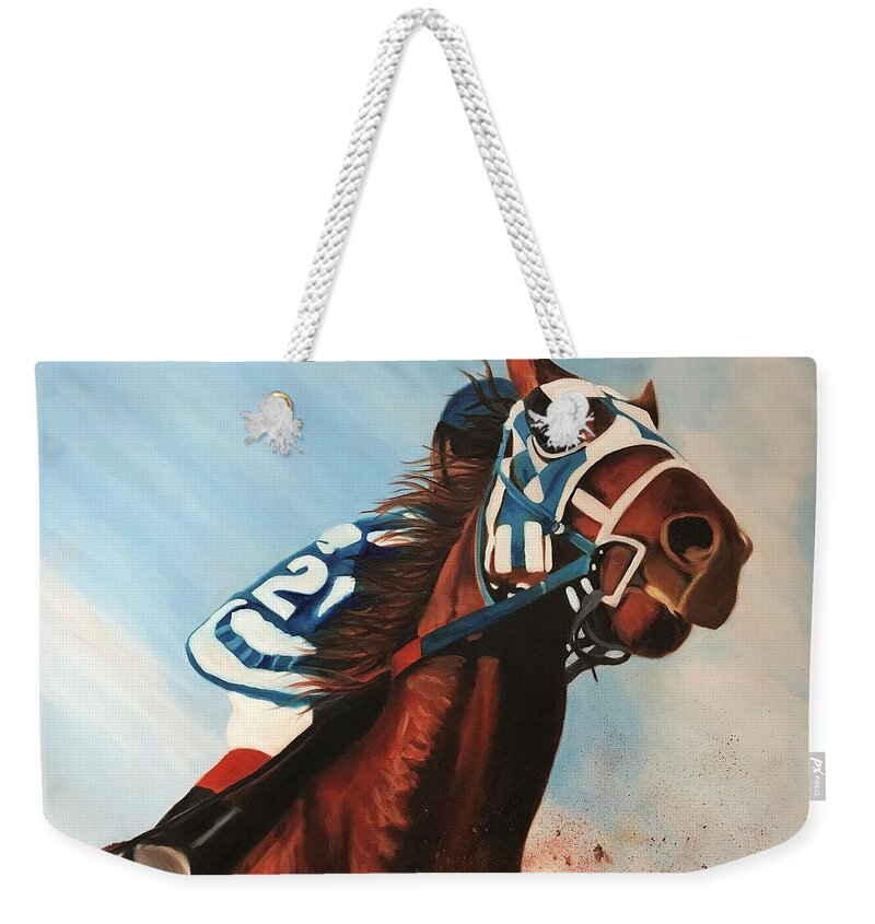 Race Weekender Tote Bag featuring the painting Run for the Roses by Jill Ciccone Pike