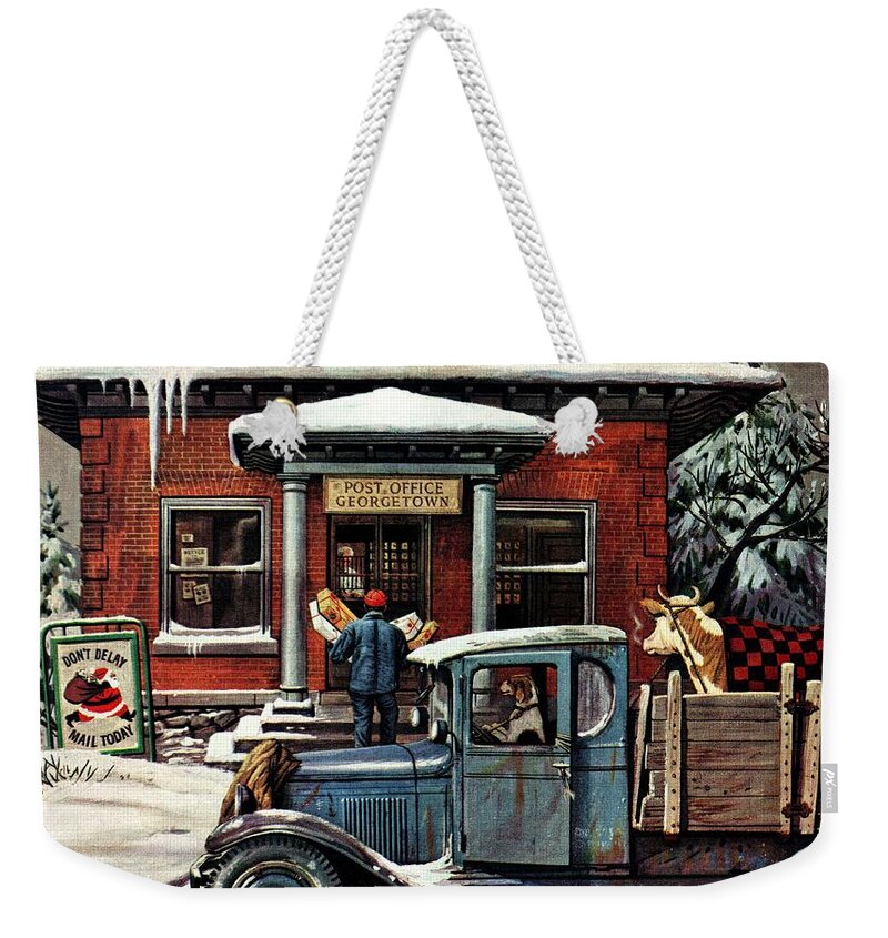 Christmas Weekender Tote Bag featuring the drawing Rural Post Office At Christmas by Stevan Dohanos