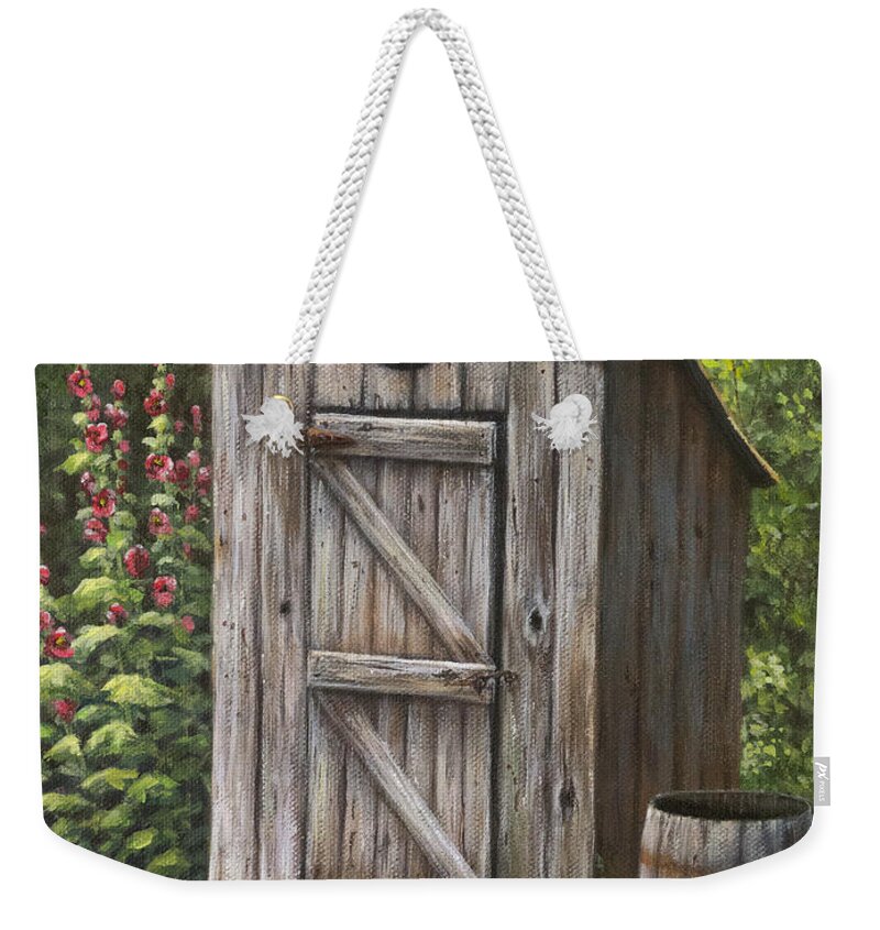 Outhouse Weekender Tote Bag featuring the painting Rustic Rest Stop by Kim Lockman