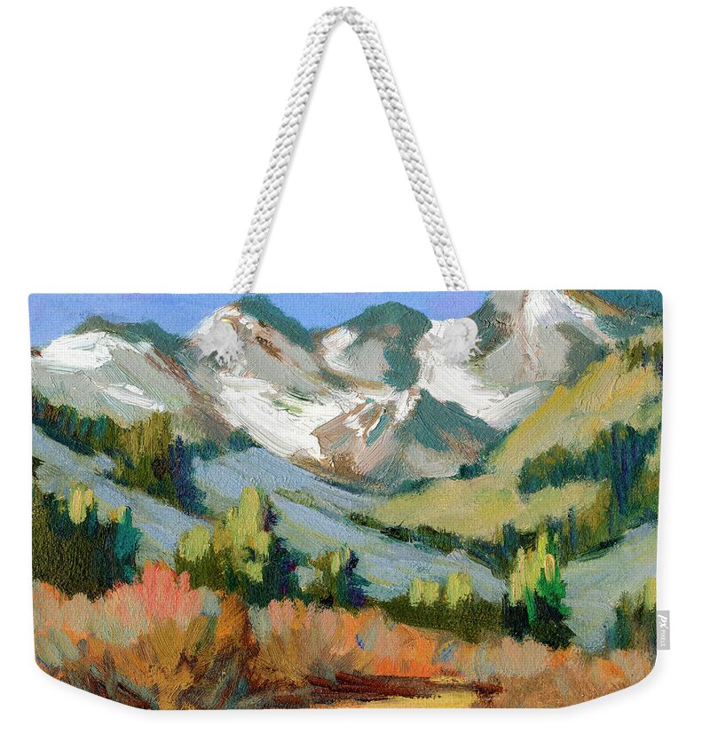 Landscape Weekender Tote Bag featuring the painting Sabrina Mountains Sierra Nevada by Diane McClary