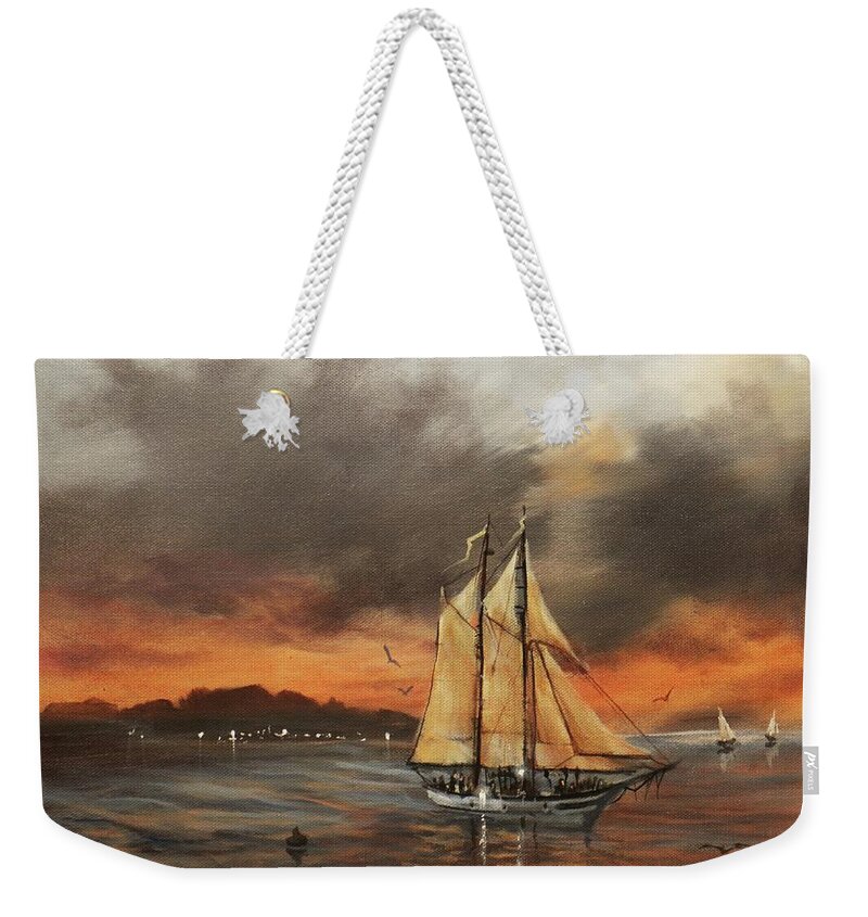 Schooner Weekender Tote Bag featuring the painting Safe Harbor by Tom Shropshire