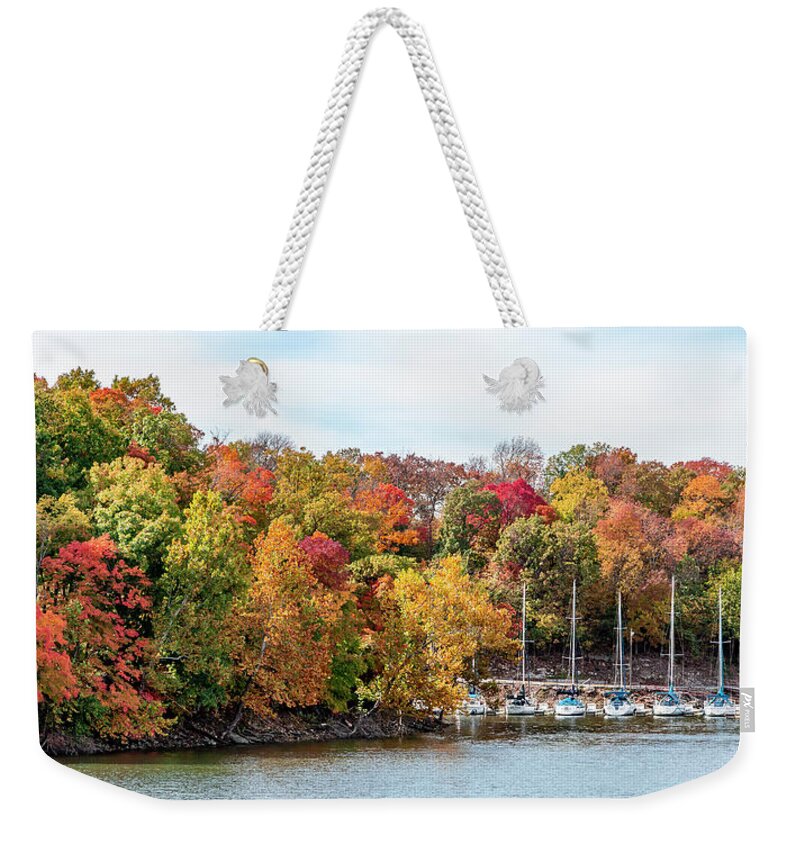 Autumn Weekender Tote Bag featuring the photograph Sailboat Autumn Scotty's Cove by David Wagenblatt