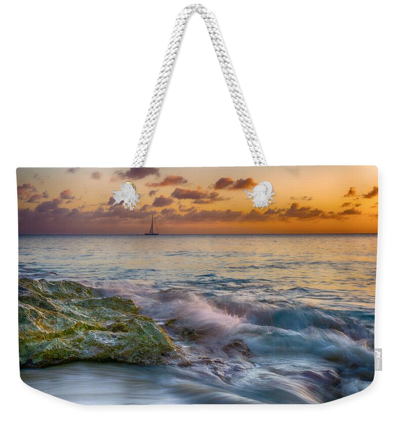 Pristine Weekender Tote Bag featuring the photograph Sailboat in the Sunset at Rainbow Beach by Amanda Jones