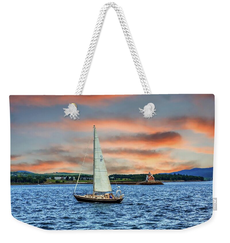 Harbor Weekender Tote Bag featuring the photograph Sailboat off the beautiful coast of Rockland, Maine by Darryl Brooks