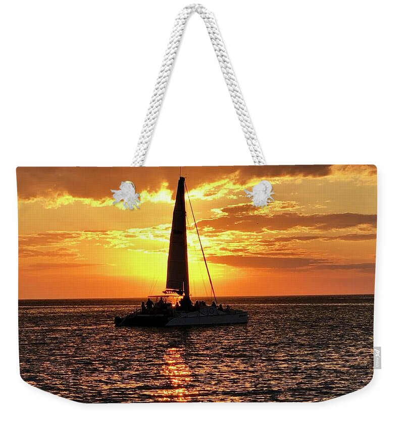 Beach Weekender Tote Bag featuring the photograph Sailboat Silhouette Sunset in Captiva Island Florida 2019 by Shelly Tschupp