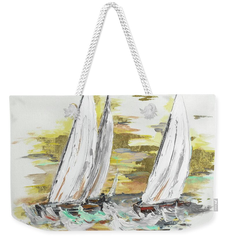 Boat Weekender Tote Bag featuring the painting Sailing At Sunset II by Patricia Pinto