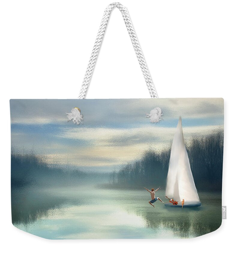 Sailing Boats Weekender Tote Bag featuring the mixed media Sailing Down the River by Colleen Taylor