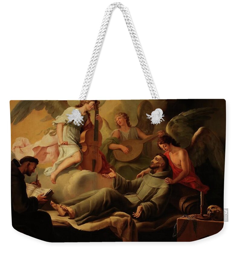Francis Of Assisi Weekender Tote Bag featuring the painting 'Saint Francis Comforted by Angels'. 1788. Oil on canvas. by Jose Camaron Bonanat Jose Camaron