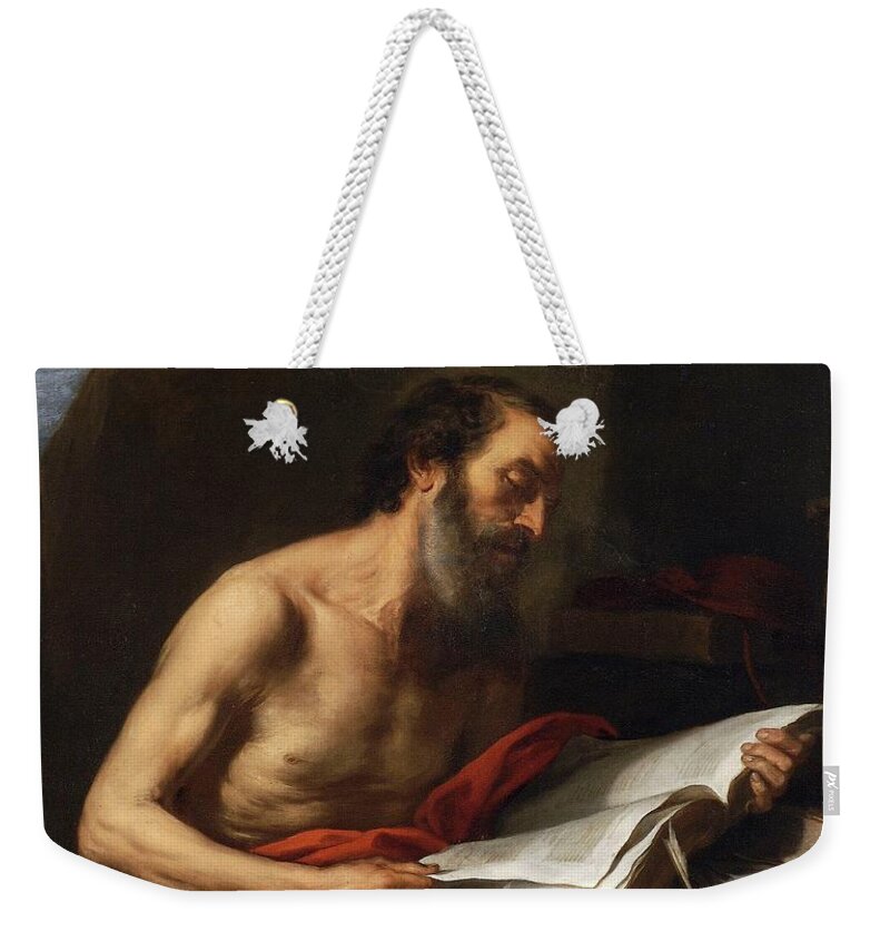 Bartolome Esteban Murillo Weekender Tote Bag featuring the painting 'Saint Jerome Reading', 1650-1652, Spanish School, Oil on canvas, 125... by Bartolome Esteban Murillo -1611-1682-