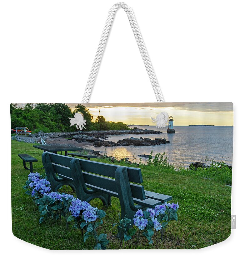 Salem Weekender Tote Bag featuring the photograph Salem MA Flower Bench Winter Island Pickering Light Sunrise by Toby McGuire