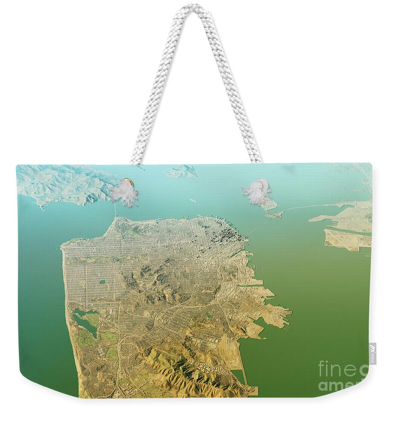 San Francisco Weekender Tote Bag featuring the digital art San Francisco 3D Render Topographic Map Aerial View by Frank Ramspott