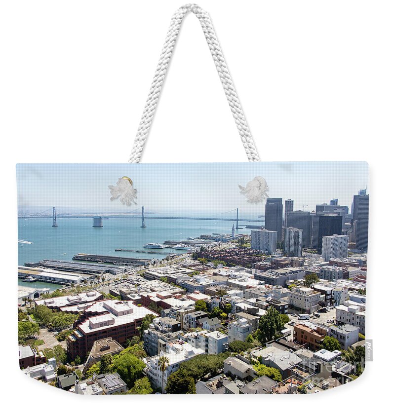 Wingsdomain Weekender Tote Bag featuring the photograph San Francisco Downtown Financial District Cityscape Panorama With Bay Bridge R562 by Wingsdomain Art and Photography